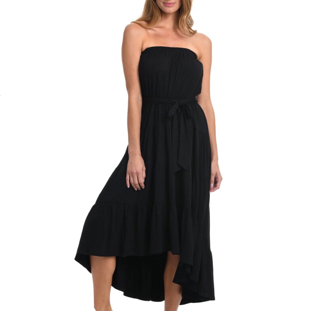 La Blanca Draped Darling Strapless Black Jersey Knit Tiered Midi Dress Medium